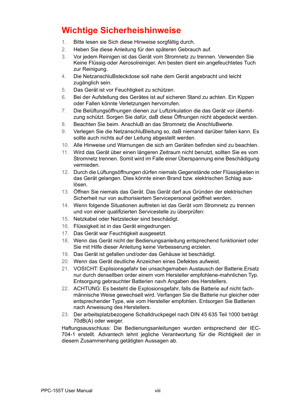 Wichtige sicherheishinweise | Advantech PPC-155T User Manual | Page 8 / 68