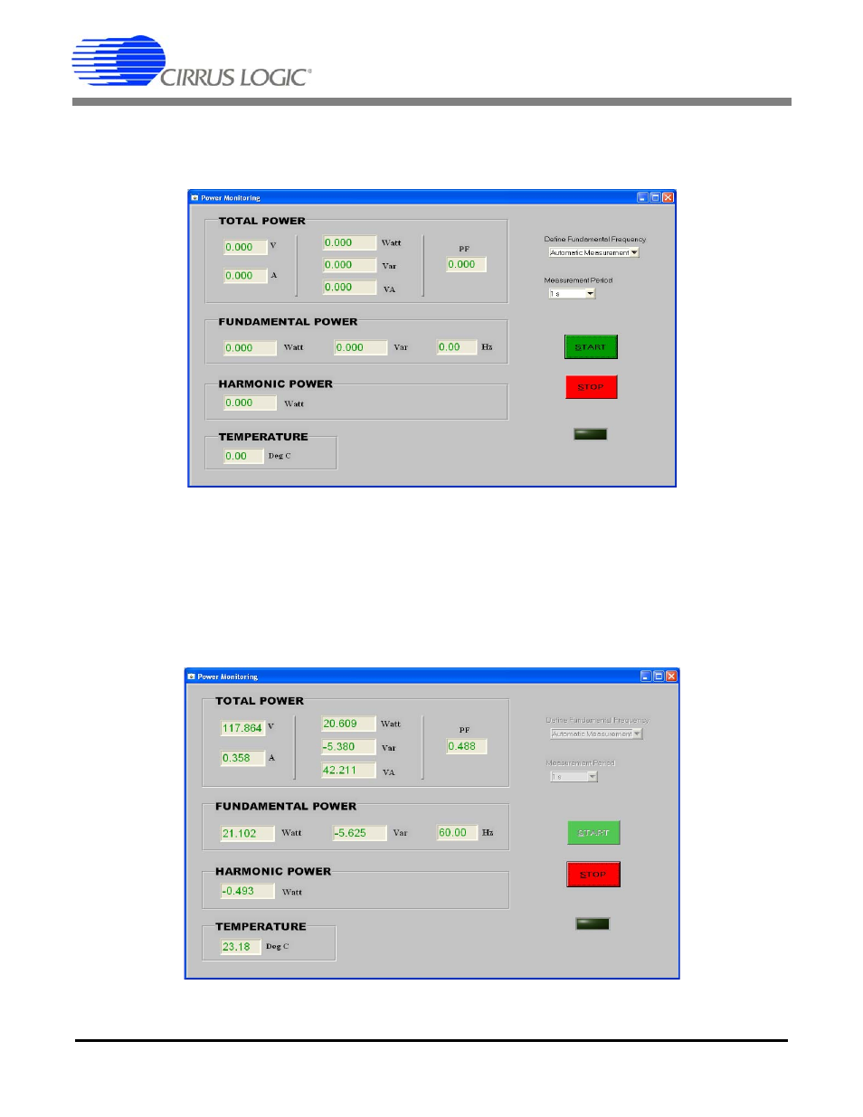5 power monitoring window, 1 start and stop buttons, Crd5463pm | Cirrus Logic CRD5463PM User Manual | Page 9 / 20