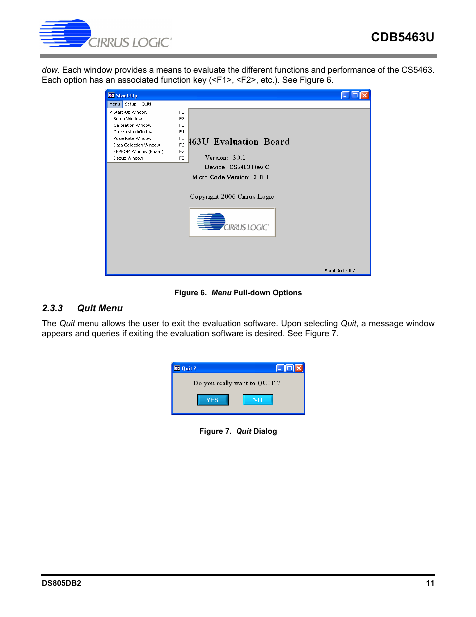 3 quit menu, Figure 6. menu pull-do, Figure 7. q | Cdb5463u | Cirrus Logic CDB5463U User Manual | Page 11 / 38