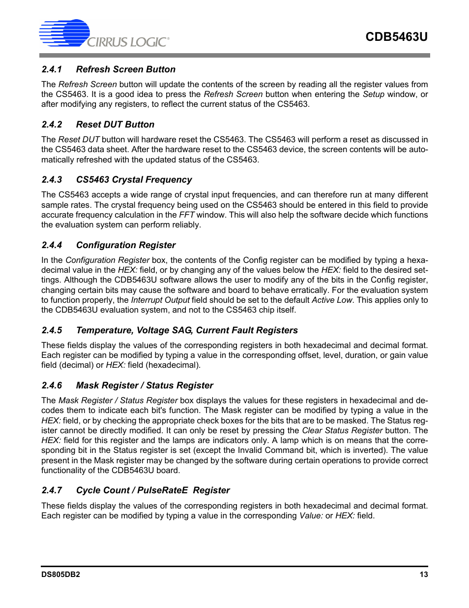 1 refresh screen button, 2 reset dut button, 3 cs5463 crystal frequency | 4 configuration register, 6 mask register / status register, 7 cycle count / pulseratee register, Cdb5463u | Cirrus Logic CDB5463U User Manual | Page 13 / 38