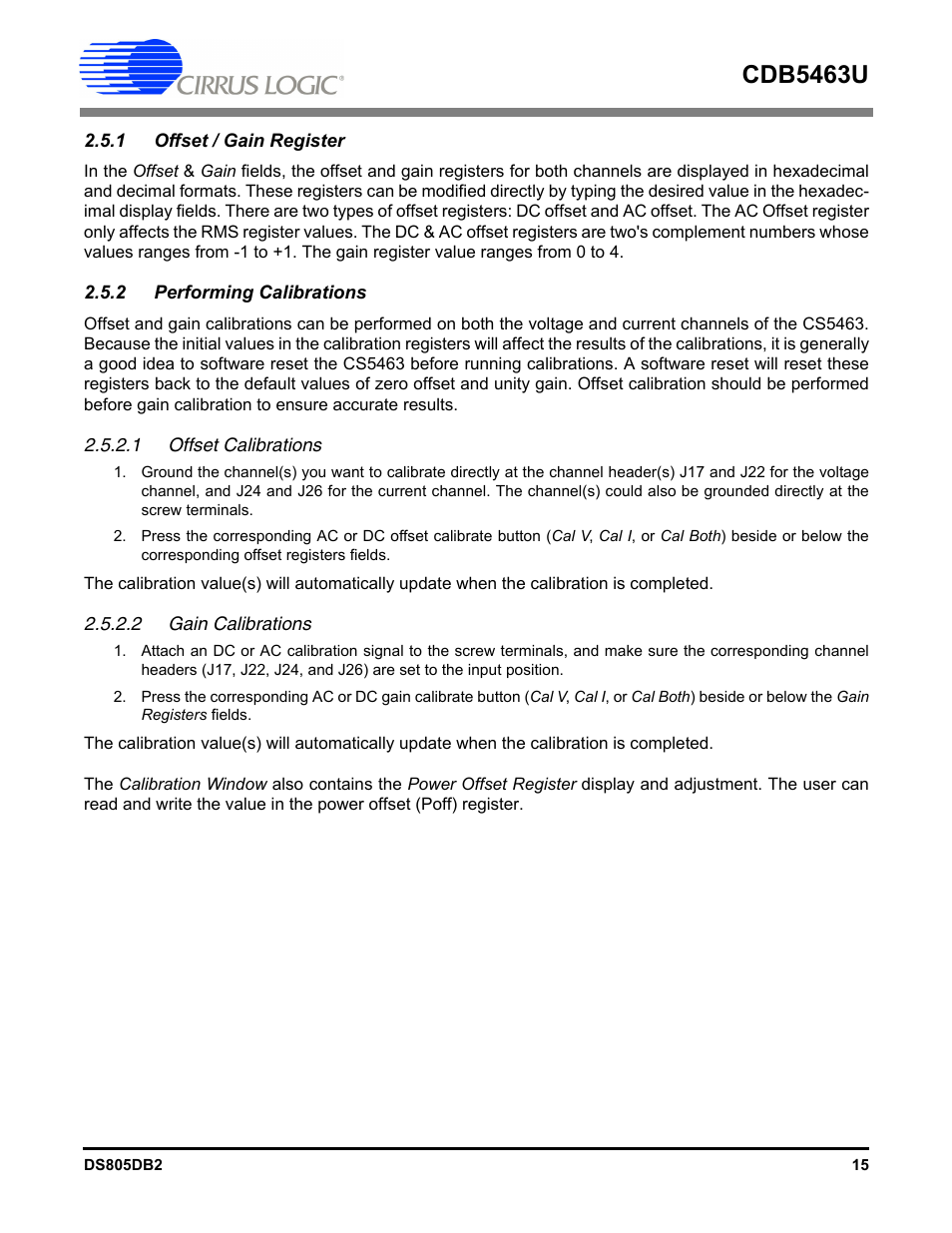 1 offset / gain register, 2 performing calibrations, 1 offset calibrations | 2 gain calibrations, Cdb5463u | Cirrus Logic CDB5463U User Manual | Page 15 / 38