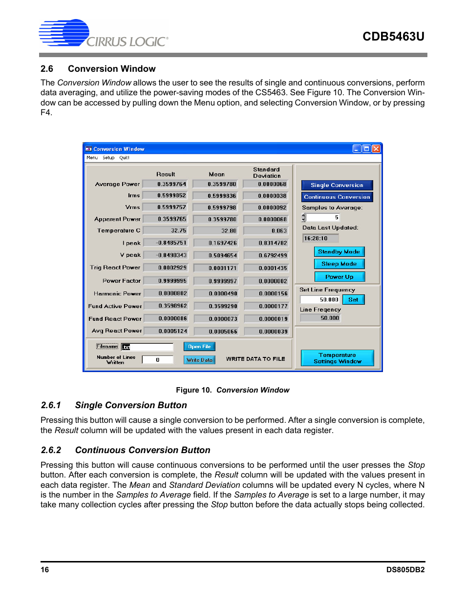 6 conversion window, 1 single conversion button, 2 continuous conversion button | Figure 10. conversion, Cdb5463u | Cirrus Logic CDB5463U User Manual | Page 16 / 38