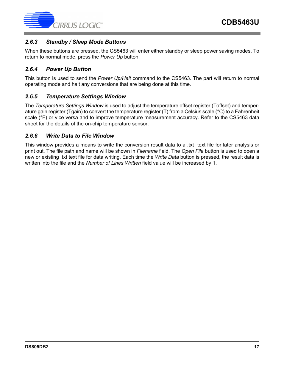 3 standby / sleep mode buttons, 4 power up button, 5 temperature settings window | 6 write data to file window, Cdb5463u | Cirrus Logic CDB5463U User Manual | Page 17 / 38