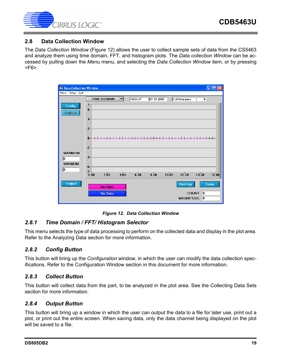 8 data collection window, 1 time domain / fft/ histogram selector, 2 config button | 3 collect button, 4 output button, Figure 12. data collection, Cdb5463u | Cirrus Logic CDB5463U User Manual | Page 19 / 38
