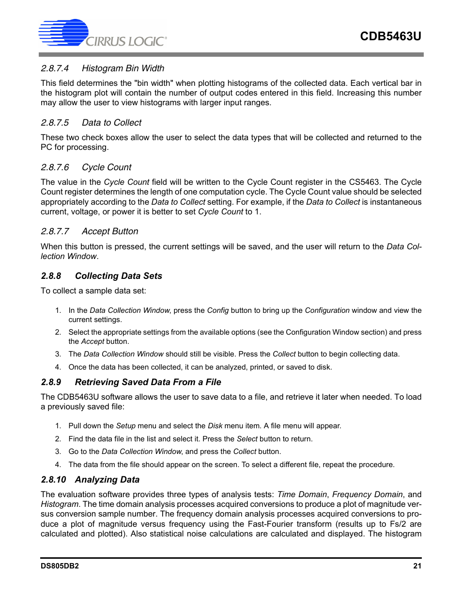 4 histogram bin width, 5 data to collect, 6 cycle count | 7 accept button, 8 collecting data sets, 9 retrieving saved data from a file, 10 analyzing data, Cdb5463u | Cirrus Logic CDB5463U User Manual | Page 21 / 38