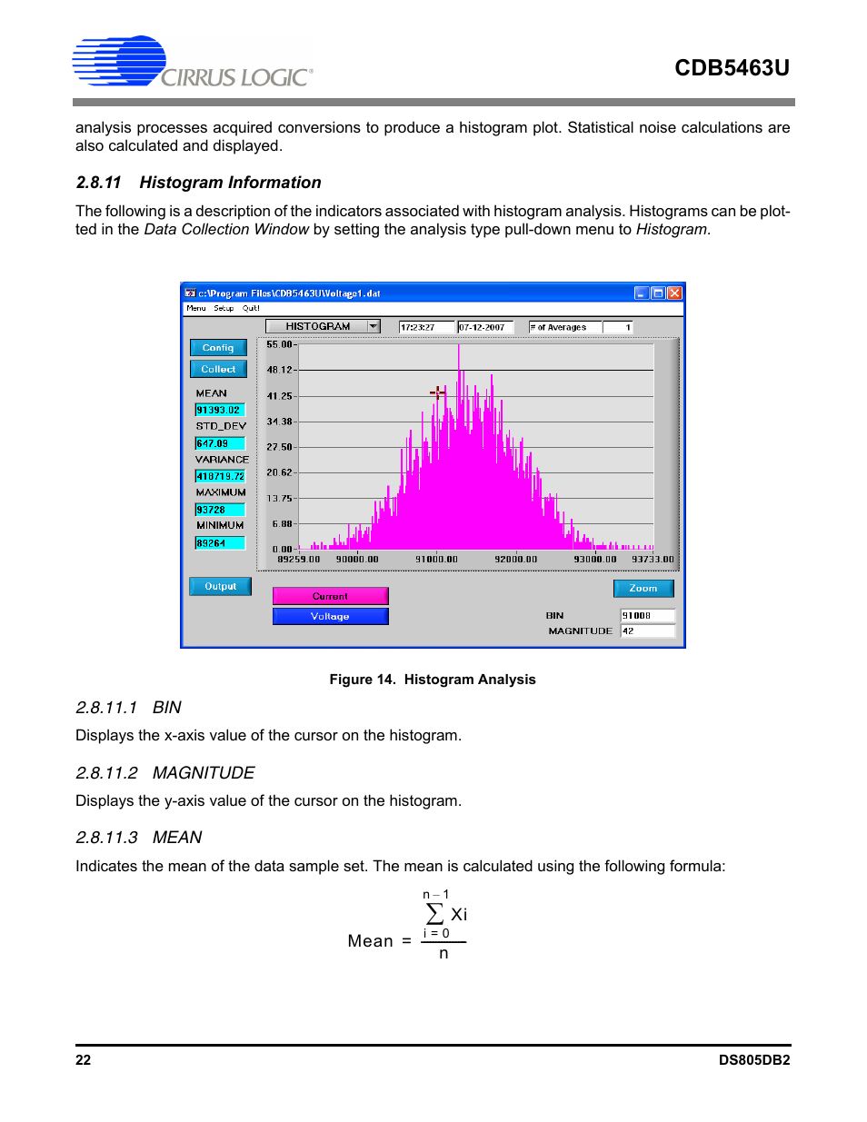 11 histogram information, 1 bin, 2 magnitude | 3 mean, Figure 14. his, Cdb5463u | Cirrus Logic CDB5463U User Manual | Page 22 / 38