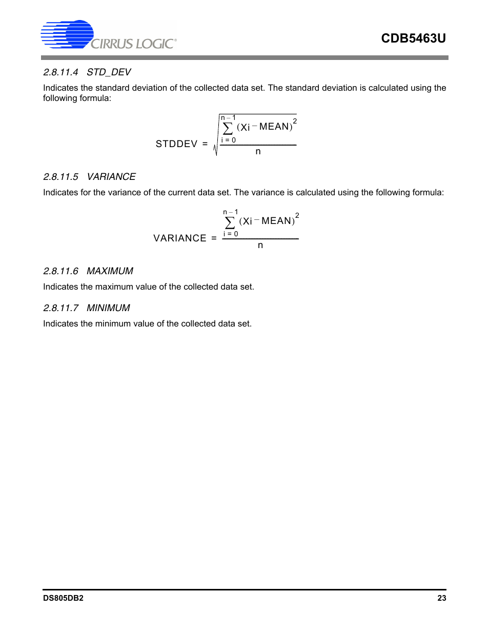 4 std_dev, 5 variance, 6 maximum | 7 minimum, Cdb5463u | Cirrus Logic CDB5463U User Manual | Page 23 / 38