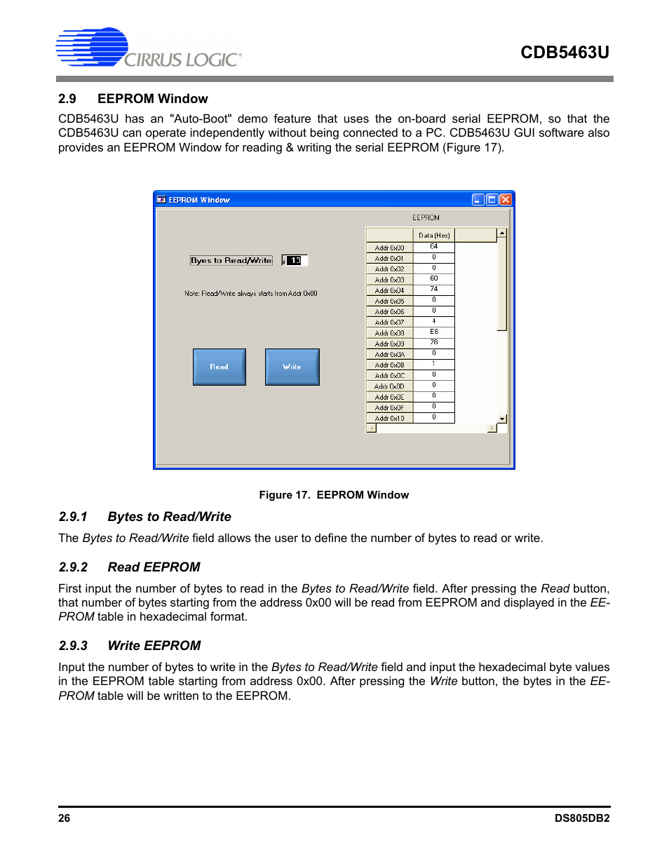 9 eeprom window, 1 bytes to read/write, 2 read eeprom | 3 write eeprom, Figure 17. eepr, Cdb5463u | Cirrus Logic CDB5463U User Manual | Page 26 / 38