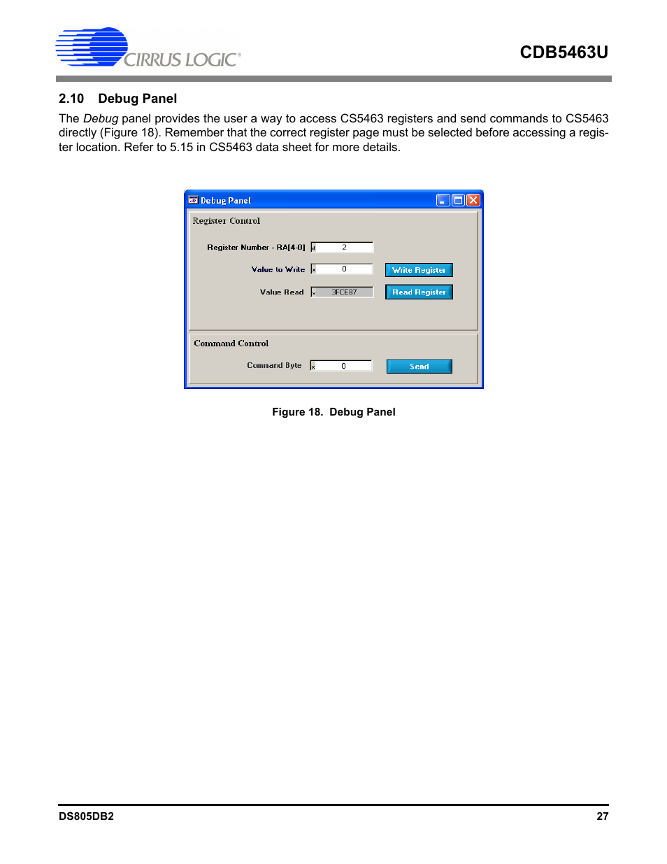 10 debug panel, Figure 18. debug panel, Cdb5463u | Cirrus Logic CDB5463U User Manual | Page 27 / 38