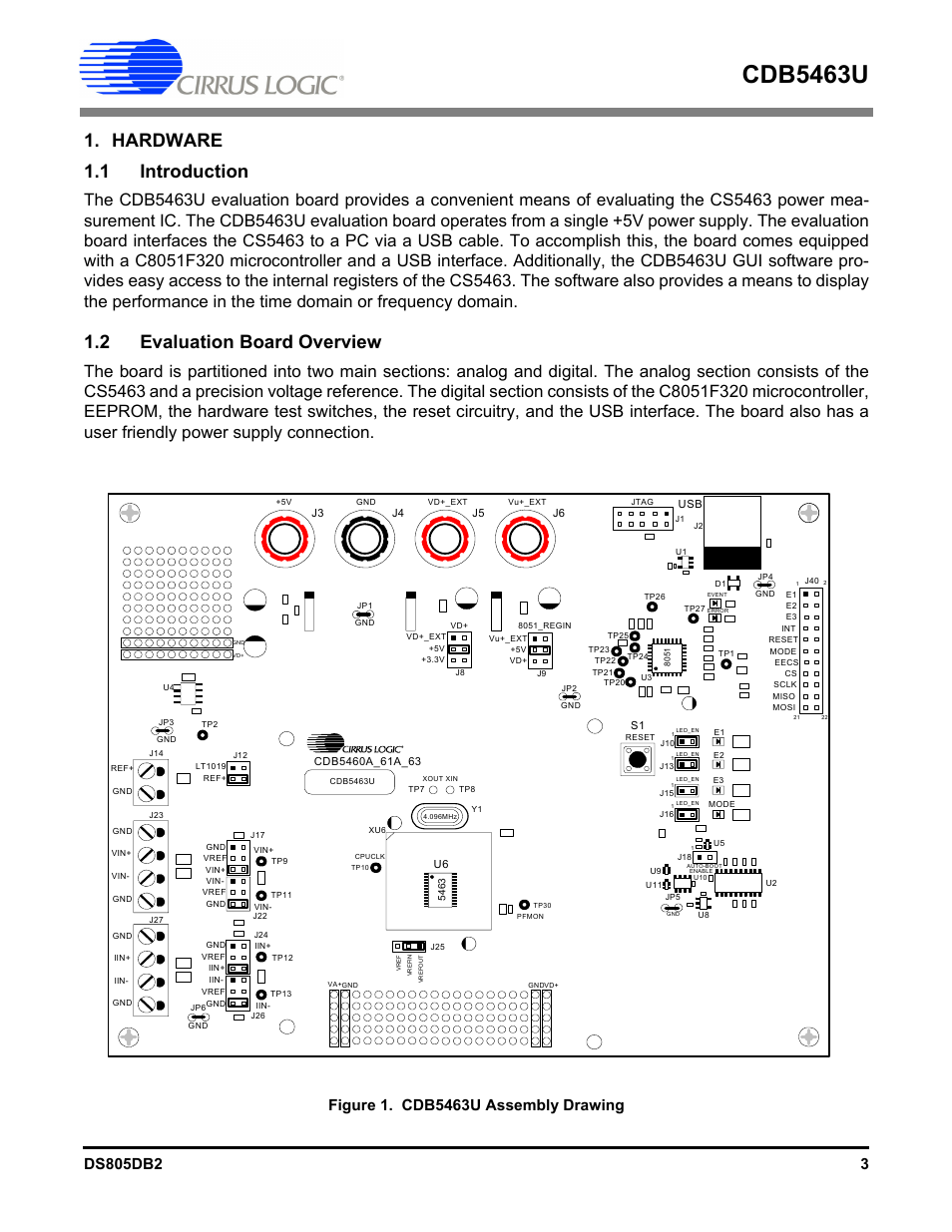 Hardware, 1 introduction, 2 evaluation board overview | 1 introduction 1.2 evaluation board overview, Figure 1. cdb5463u assembly drawing, Cdb5463u, Hardware 1.1 introduction | Cirrus Logic CDB5463U User Manual | Page 3 / 38