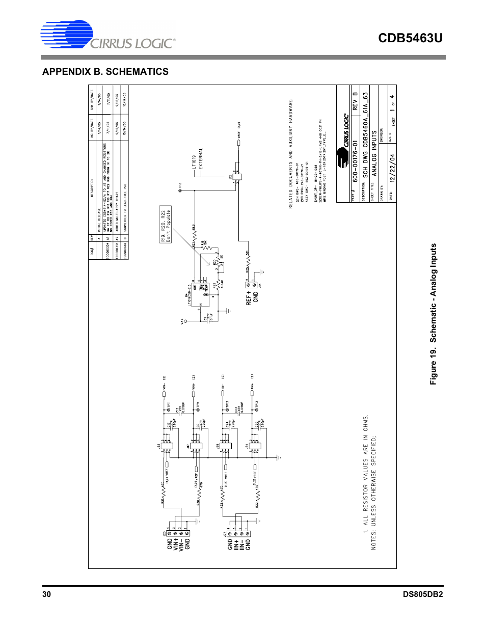 Appendix b. schematics, Figure 19. schematic - analog inputs, Cdb5463u | Cirrus Logic CDB5463U User Manual | Page 30 / 38