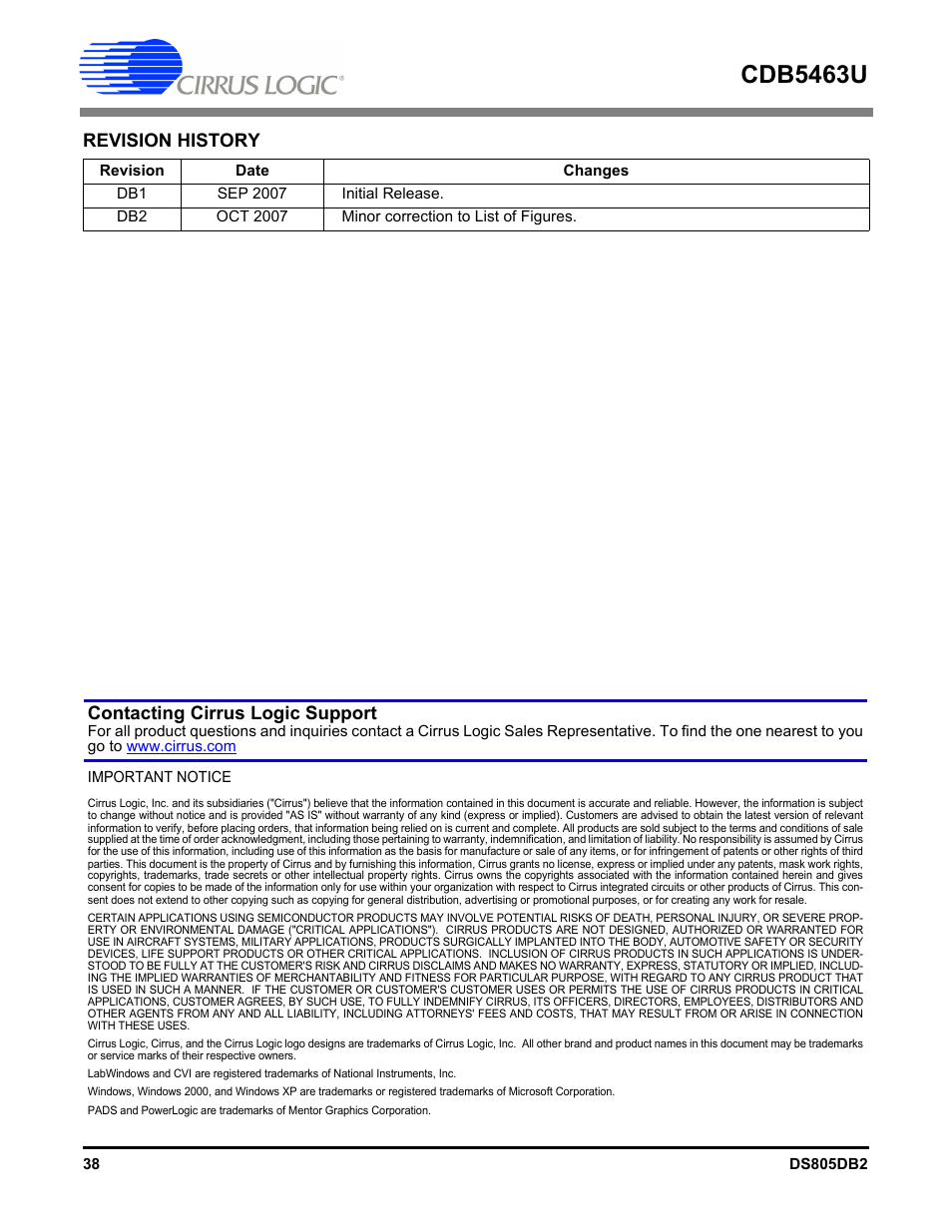 Revision history, Cdb5463u, Contacting cirrus logic support | Cirrus Logic CDB5463U User Manual | Page 38 / 38