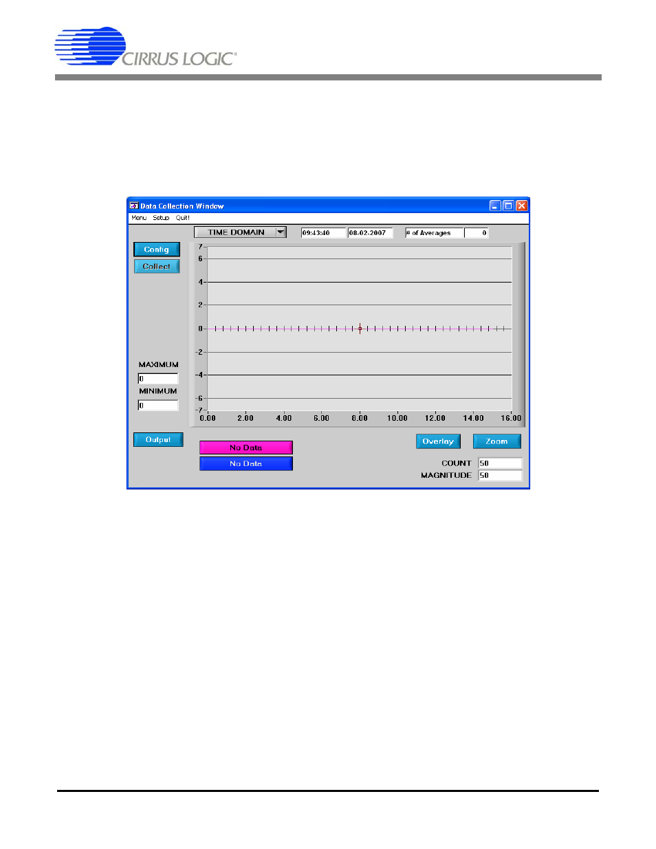 8 data collection window, 1 time domain / fft/ histogram selector, 2 config button | 3 collect button, Figure 12. data collection, Cdb5464u | Cirrus Logic CDB5464U User Manual | Page 19 / 38
