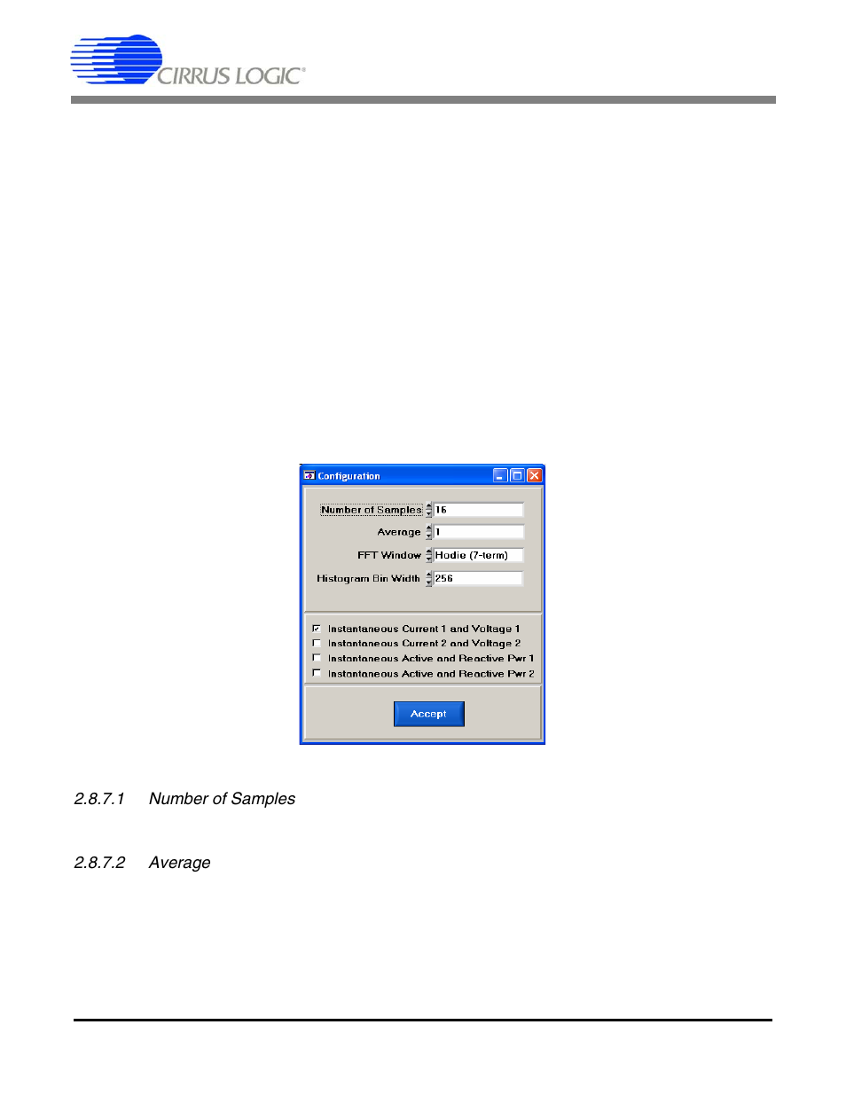 4 output button, 5 zoom button, 6 channel select button | 7 configuration window, 1 number of samples, 2 average, Figure 13. configurat, Cdb5464u | Cirrus Logic CDB5464U User Manual | Page 20 / 38