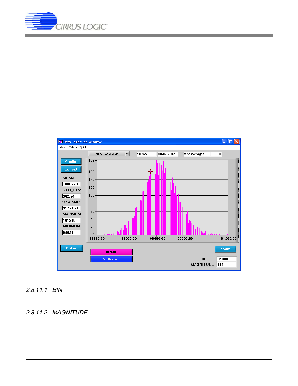 10 analyzing data, 11 histogram information, 1 bin | 2 magnitude, Figure 14. his, Cdb5464u | Cirrus Logic CDB5464U User Manual | Page 22 / 38