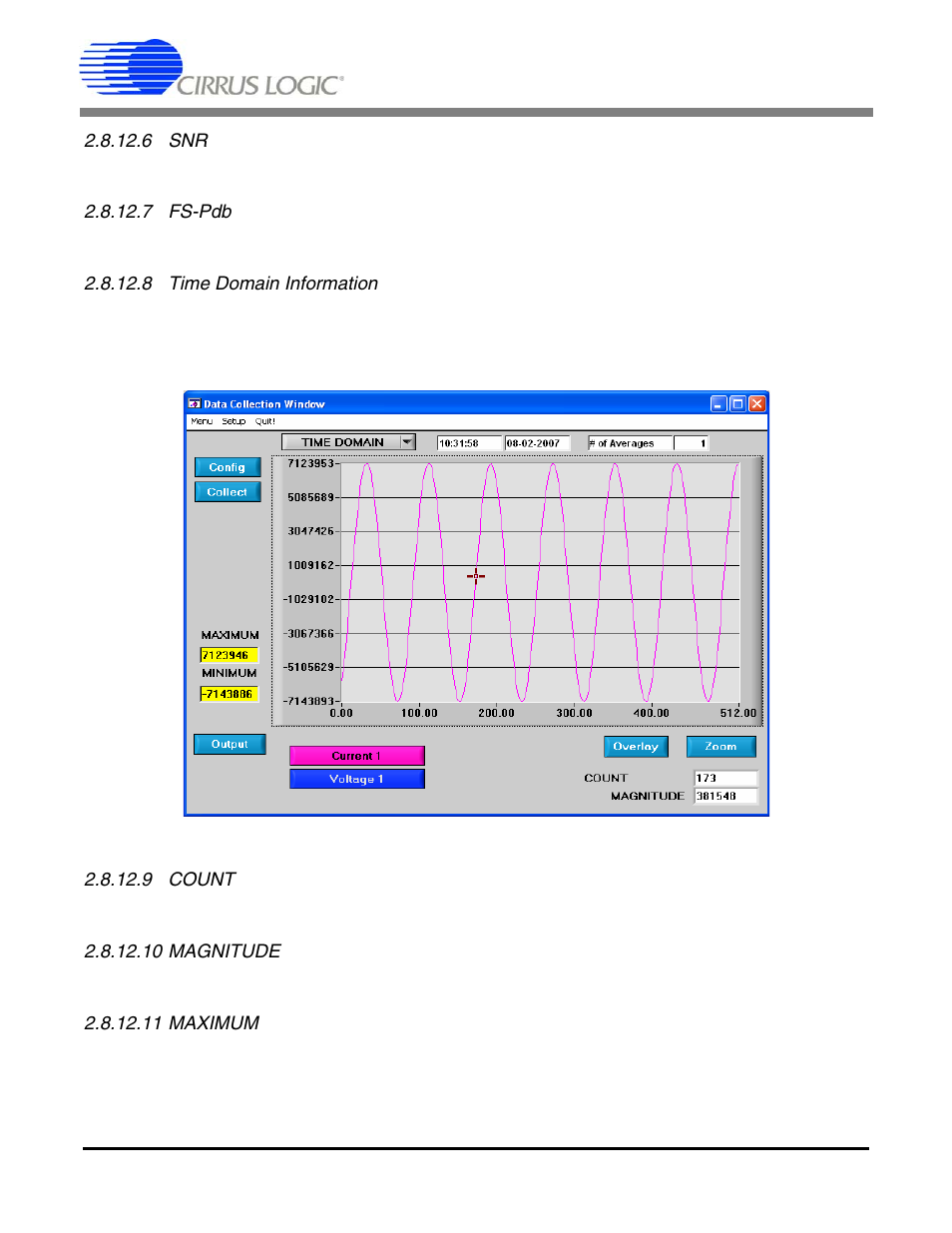 6 snr, 7 fs-pdb, 8 time domain information | 9 count, 10 magnitude, 11 maximum, Figure 16. time, Cdb5464u | Cirrus Logic CDB5464U User Manual | Page 25 / 38