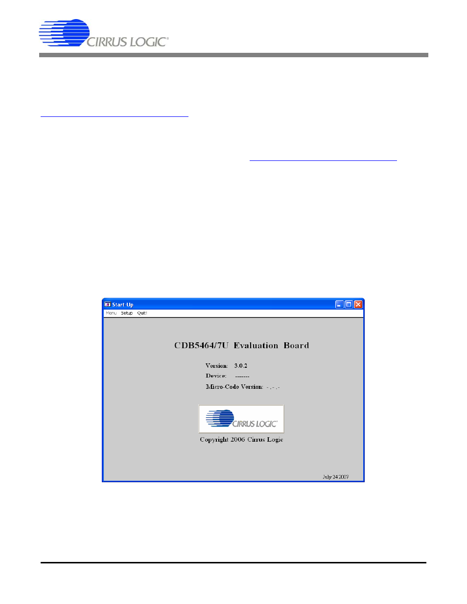 Software, 1 installation, 2 using the software | 3 start-up window, Figure 2. gui start-up window, Cdb5464u | Cirrus Logic CDB5464U User Manual | Page 8 / 38