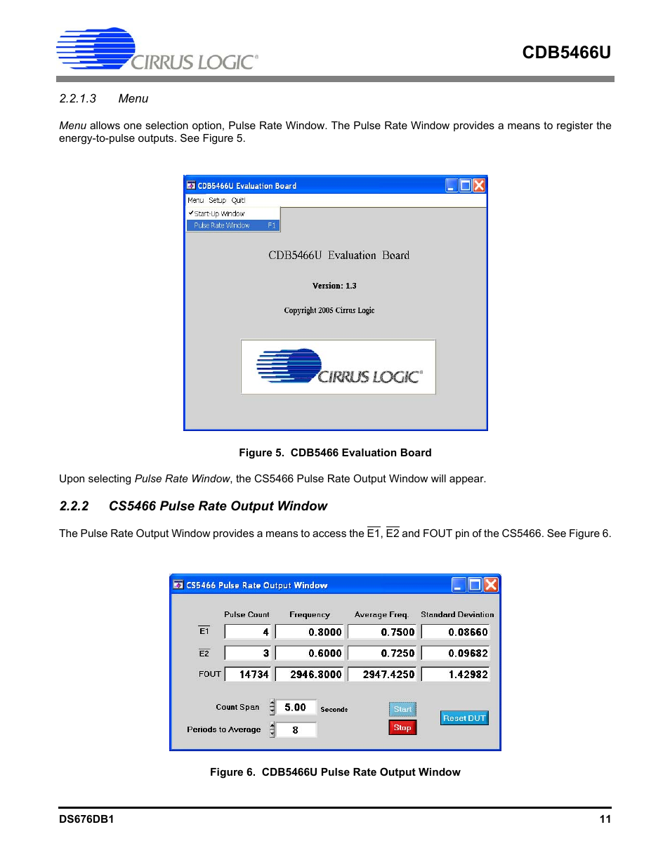 3 menu, 2 cs5466 pulse rate output window, Cdb5466u | Cirrus Logic CDB5466U User Manual | Page 11 / 21