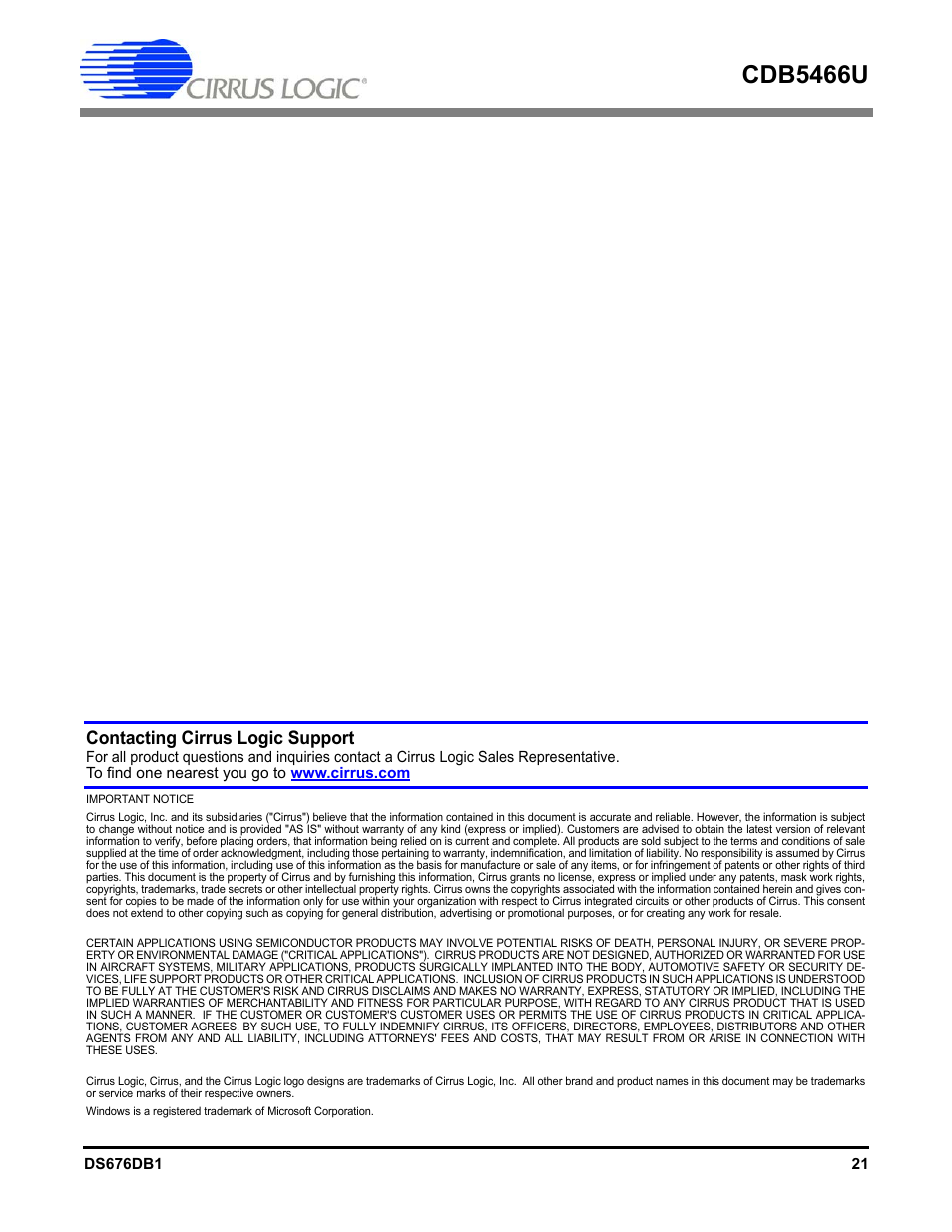 Cdb5466u, Contacting cirrus logic support | Cirrus Logic CDB5466U User Manual | Page 21 / 21