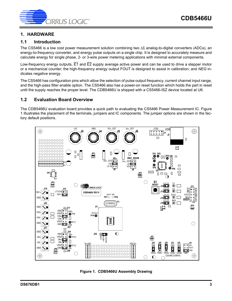 Hardware, 1 introduction, 2 evaluation board overview | 1 introduction 1.2 evaluation board overview, Figure 1. cdb5466u assembly drawing, Cdb5466u, Hardware 1.1 introduction | Cirrus Logic CDB5466U User Manual | Page 3 / 21