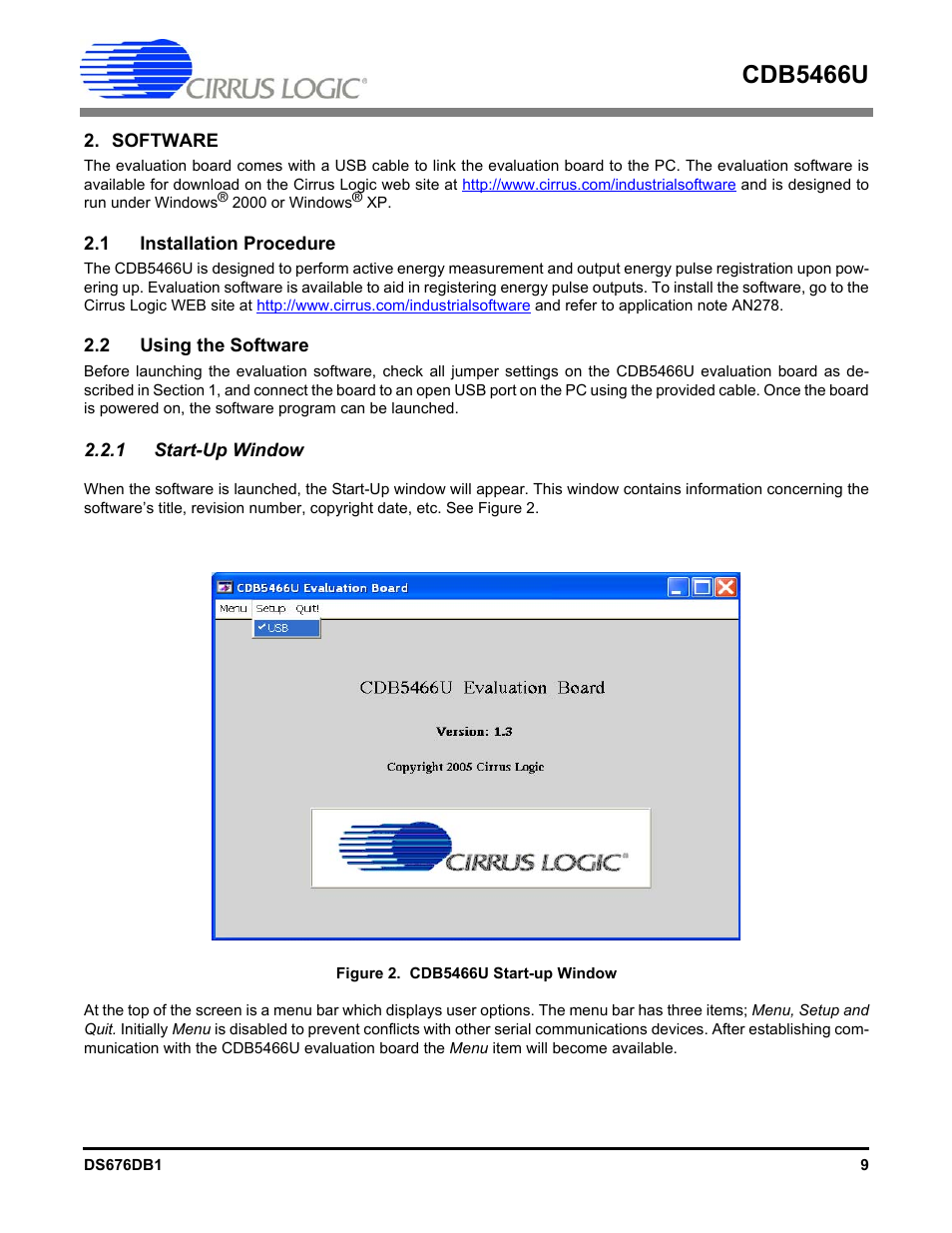 Software, 1 installation procedure, 2 using the software | 1 start-up window, 1 installation procedure 2.2 using the software, Figure 2. cdb5466u start-up window, Cdb5466u | Cirrus Logic CDB5466U User Manual | Page 9 / 21
