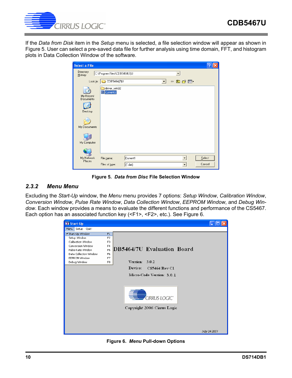 2 menu menu, Cdb5467u | Cirrus Logic CDB5467U User Manual | Page 10 / 38