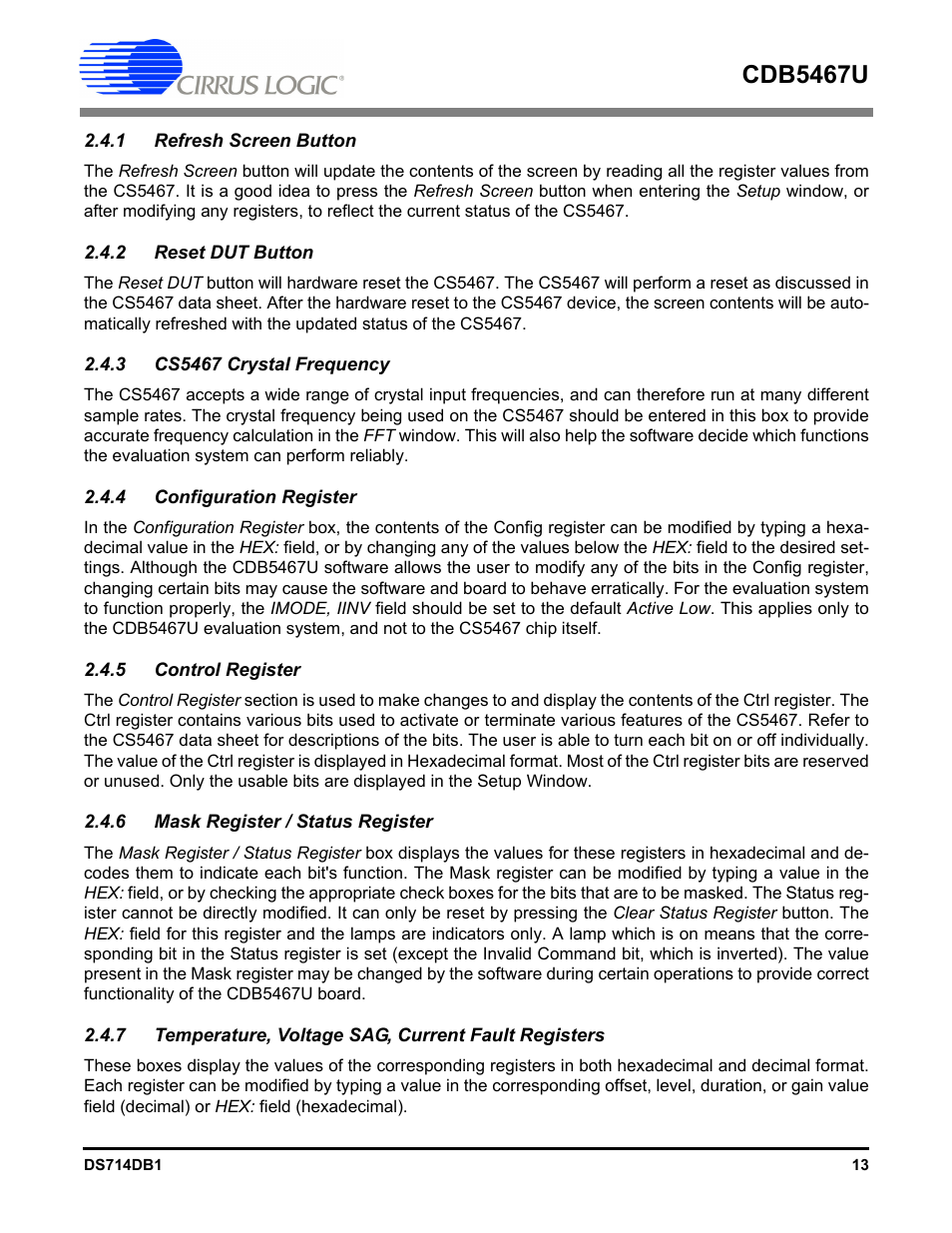 1 refresh screen button, 2 reset dut button, 3 cs5467 crystal frequency | 4 configuration register, 5 control register, 6 mask register / status register, Cdb5467u | Cirrus Logic CDB5467U User Manual | Page 13 / 38