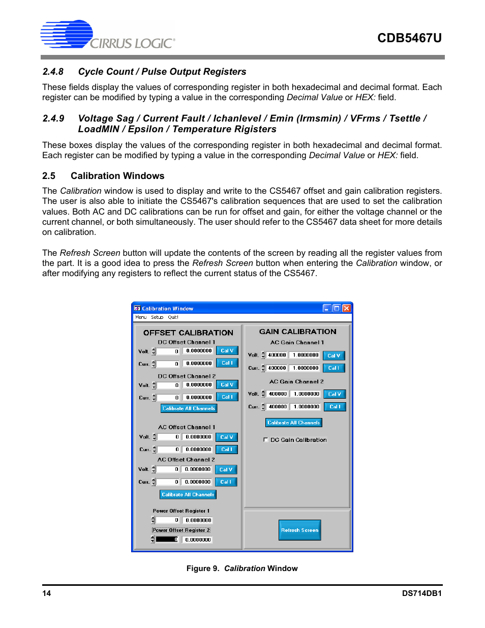 8 cycle count / pulse output registers, 5 calibration windows, Cdb5467u | Cirrus Logic CDB5467U User Manual | Page 14 / 38