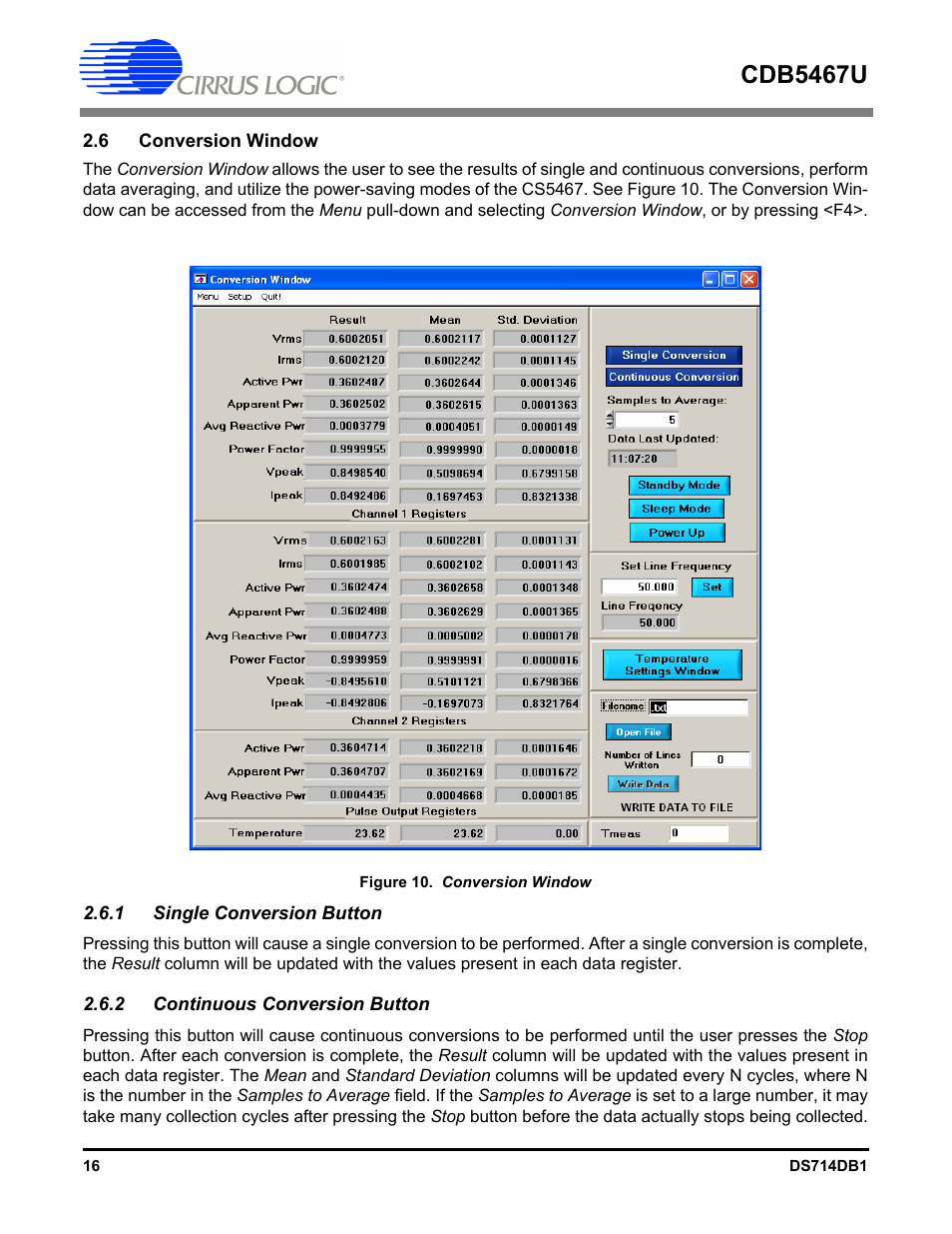 6 conversion window, 1 single conversion button, 2 continuous conversion button | Cdb5467u | Cirrus Logic CDB5467U User Manual | Page 16 / 38