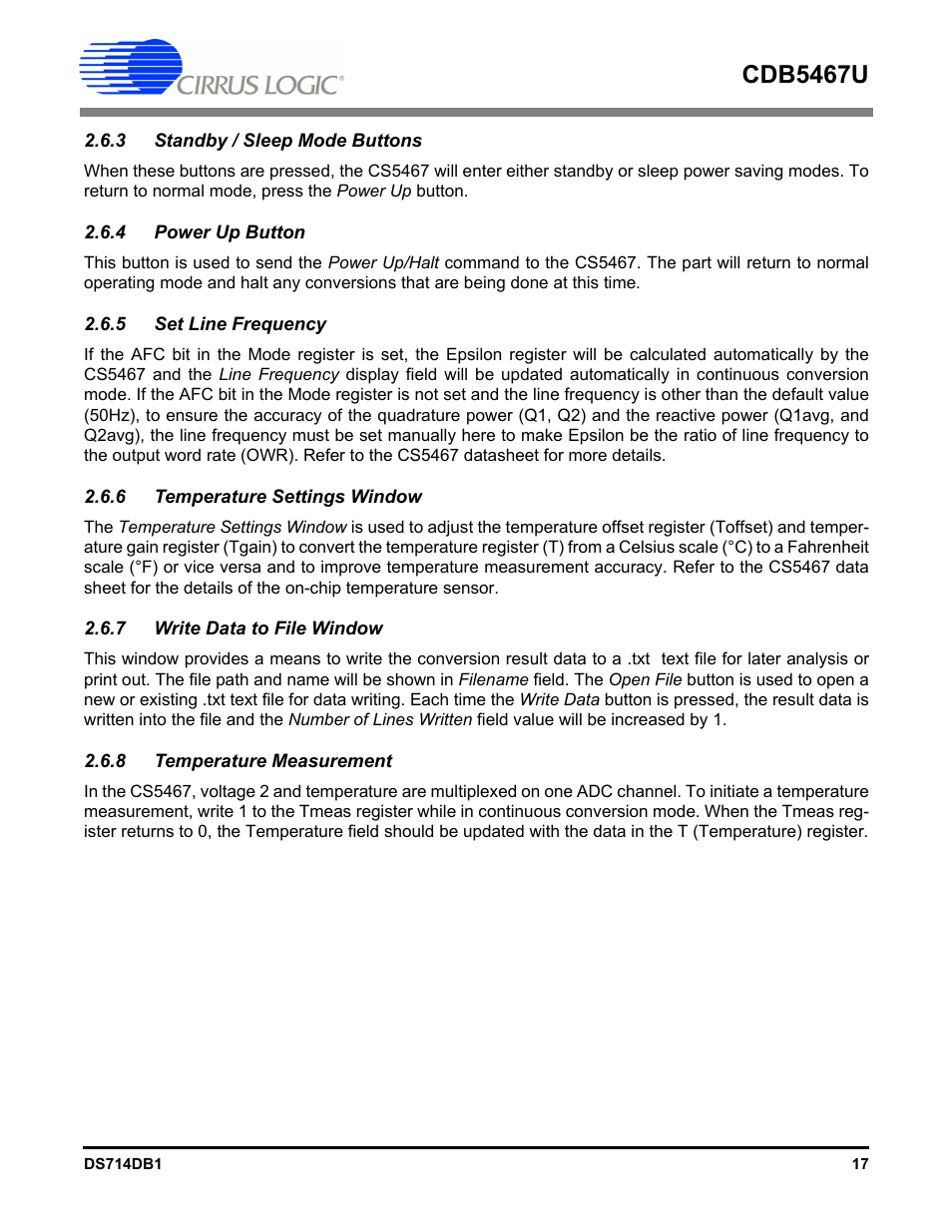 3 standby / sleep mode buttons, 4 power up button, 5 set line frequency | 6 temperature settings window, 7 write data to file window, 8 temperature measurement, Cdb5467u | Cirrus Logic CDB5467U User Manual | Page 17 / 38