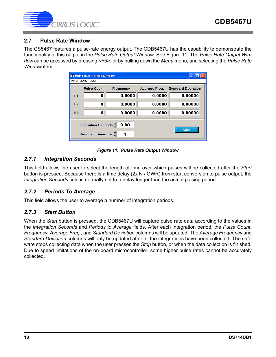 7 pulse rate window, 1 integration seconds, 2 periods to average | 3 start button, Cdb5467u | Cirrus Logic CDB5467U User Manual | Page 18 / 38