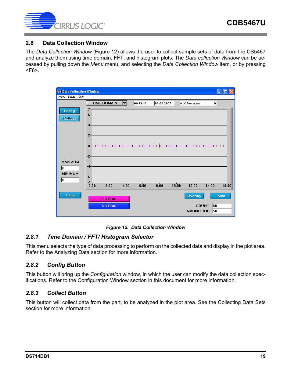 8 data collection window, 1 time domain / fft/ histogram selector, 2 config button | 3 collect button, Cdb5467u | Cirrus Logic CDB5467U User Manual | Page 19 / 38
