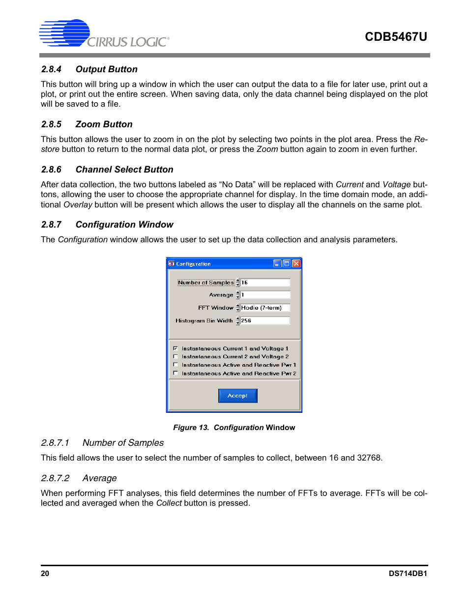 4 output button, 5 zoom button, 6 channel select button | 7 configuration window, 1 number of samples, 2 average, Cdb5467u | Cirrus Logic CDB5467U User Manual | Page 20 / 38