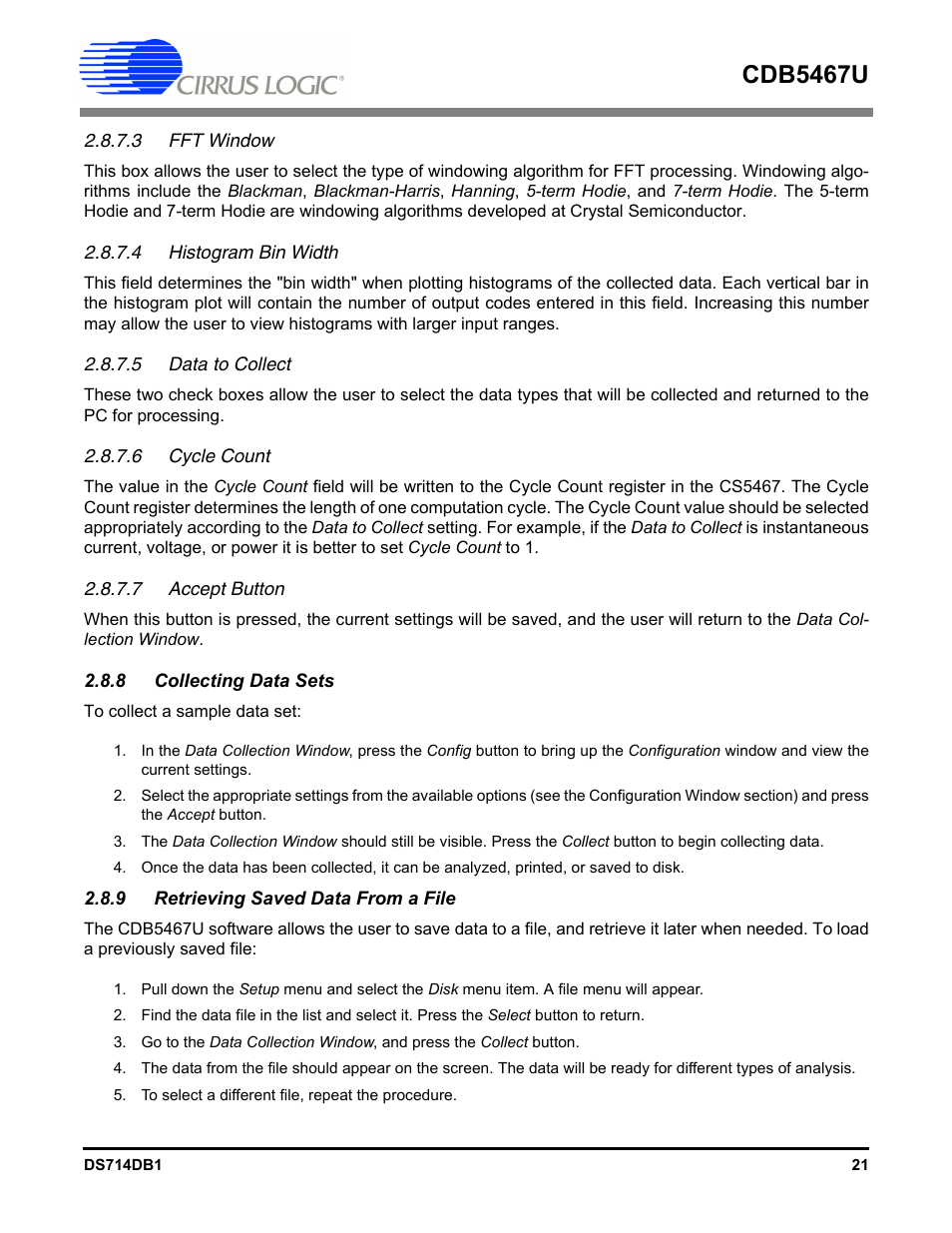 3 fft window, 4 histogram bin width, 5 data to collect | 6 cycle count, 7 accept button, 8 collecting data sets, 9 retrieving saved data from a file, Cdb5467u | Cirrus Logic CDB5467U User Manual | Page 21 / 38