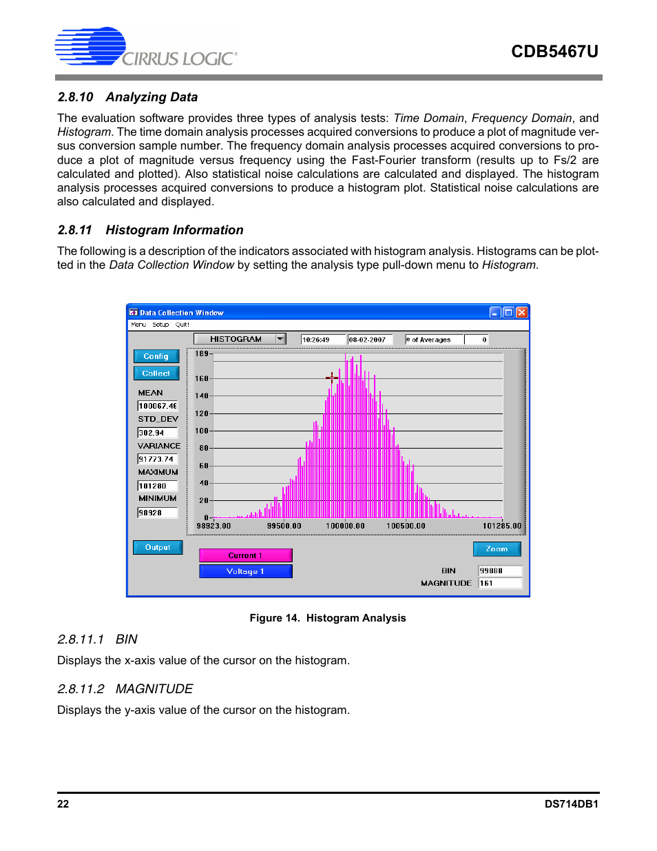 10 analyzing data, 11 histogram information, 1 bin | 2 magnitude, Cdb5467u | Cirrus Logic CDB5467U User Manual | Page 22 / 38