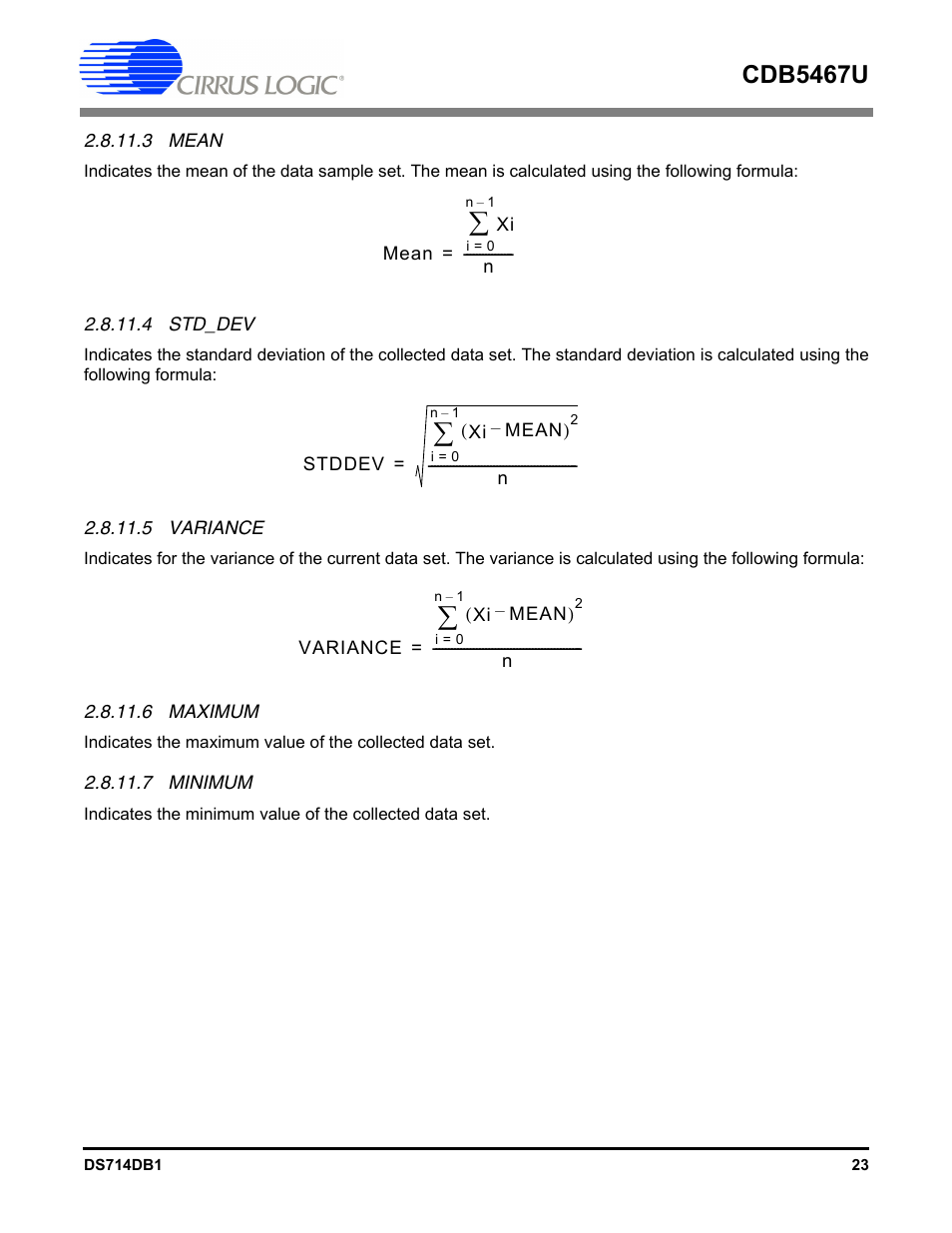 3 mean, 4 std_dev, 5 variance | 6 maximum, 7 minimum, Cdb5467u | Cirrus Logic CDB5467U User Manual | Page 23 / 38