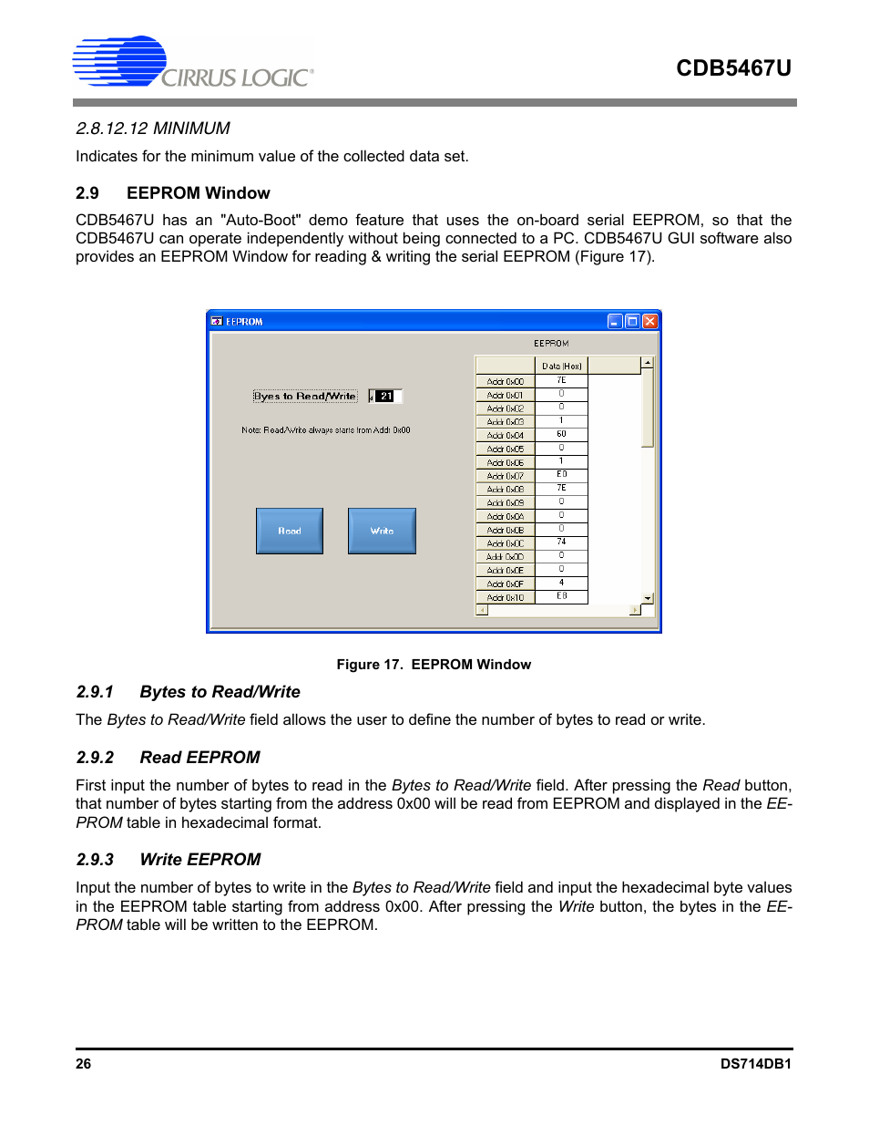 12 minimum, 9 eeprom window, 1 bytes to read/write | 2 read eeprom, 3 write eeprom, Cdb5467u | Cirrus Logic CDB5467U User Manual | Page 26 / 38