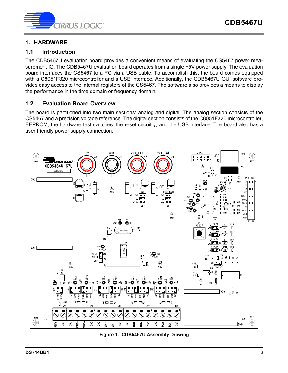 Hardware, 1 introduction, 2 evaluation board overview | Cdb5467u, Hardware 1.1 introduction | Cirrus Logic CDB5467U User Manual | Page 3 / 38