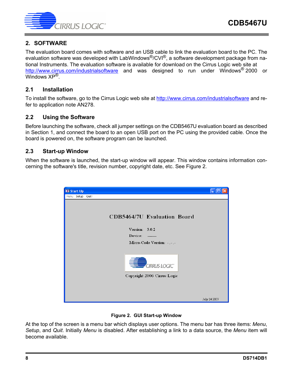 Software, 1 installation, 2 using the software | 3 start-up window, Cdb5467u | Cirrus Logic CDB5467U User Manual | Page 8 / 38