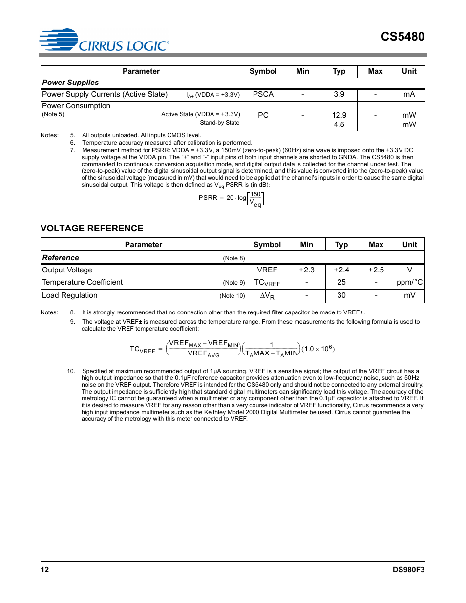 Power supplies, Voltage reference, Note 7 | Note 6), Cs5480 | Cirrus Logic CS5480 User Manual | Page 12 / 70