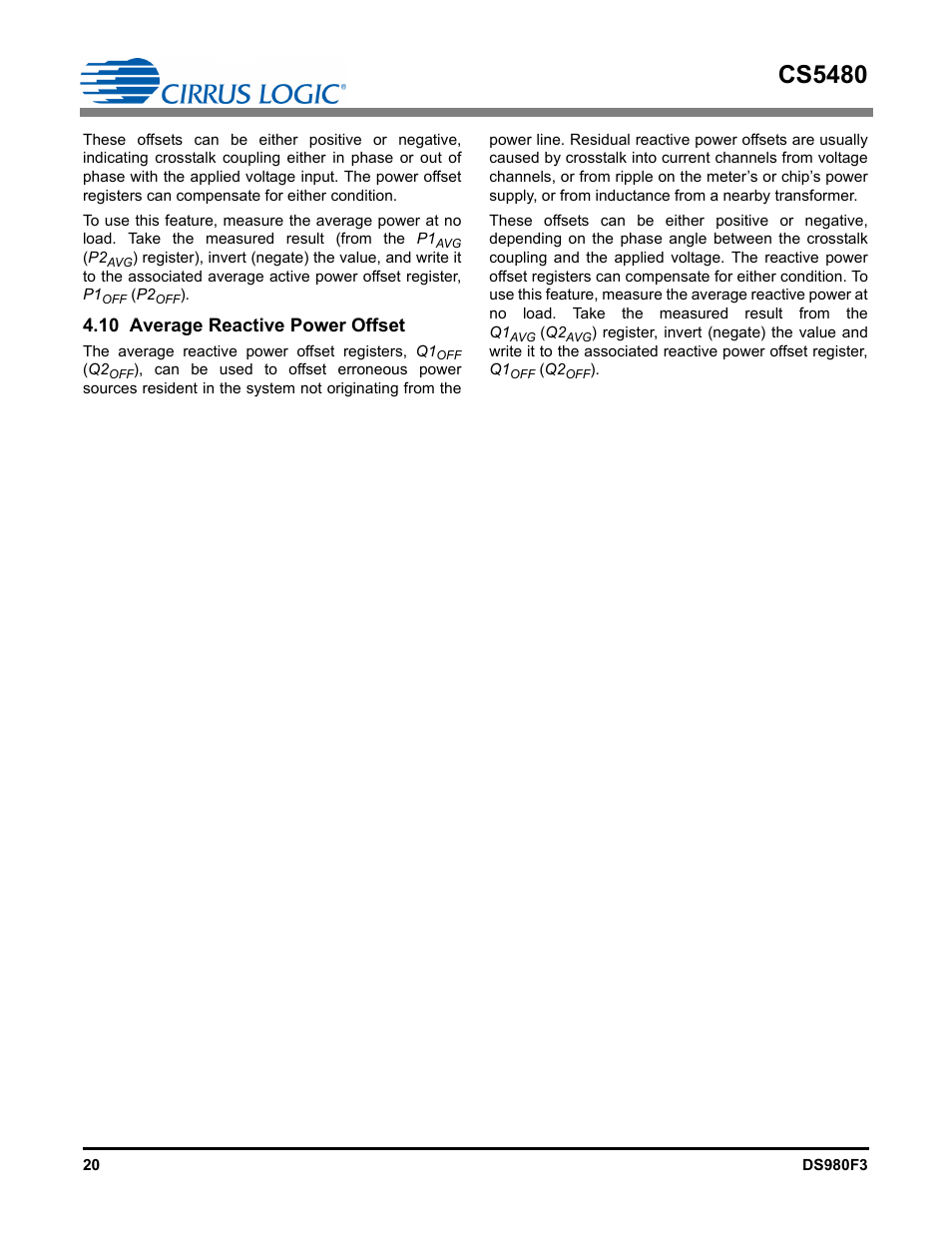 10 average reactive power offset, Cs5480 | Cirrus Logic CS5480 User Manual | Page 20 / 70