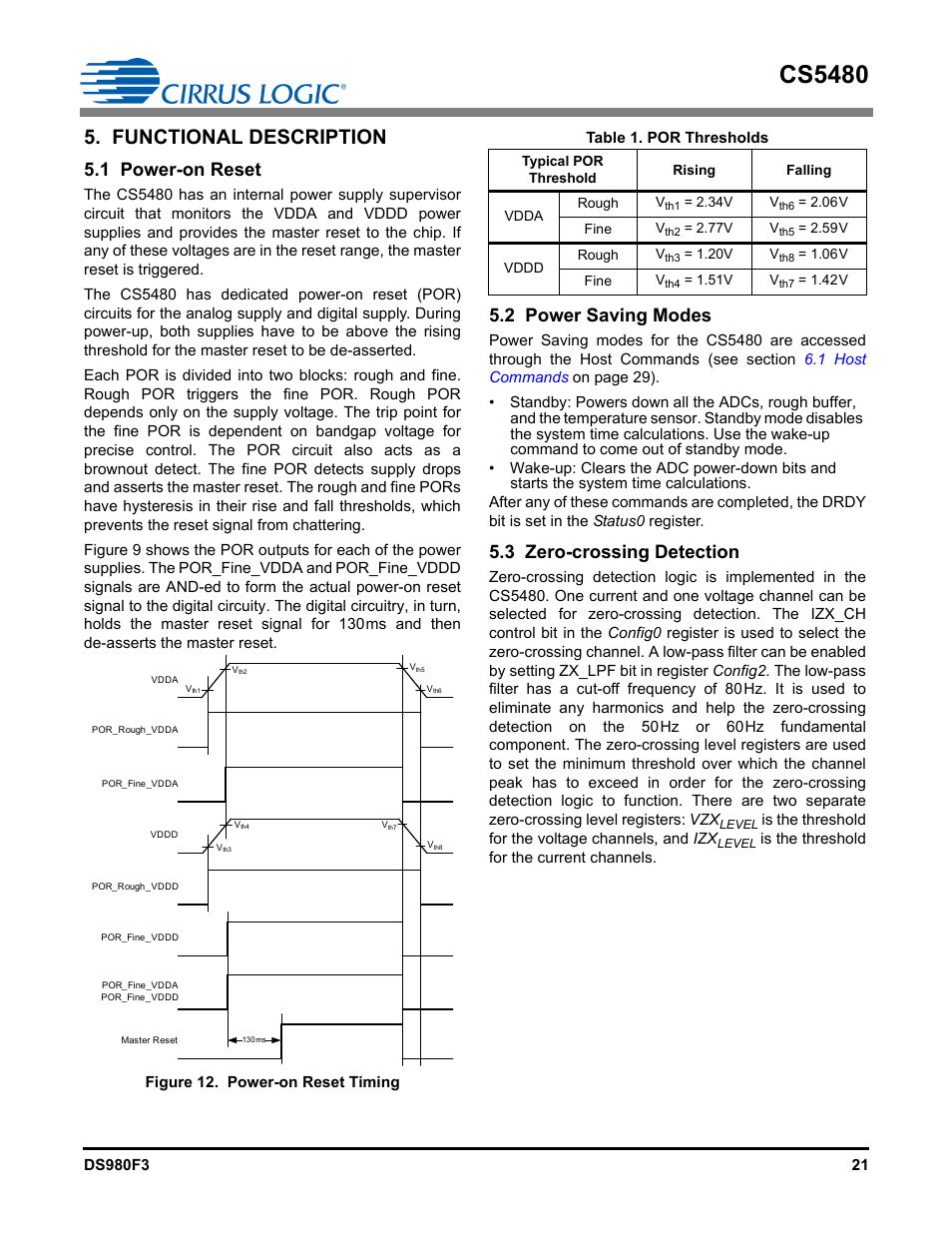 Functional description, 1 power-on reset, 2 power saving modes | 3 zero-crossing detection, Figure 12. power-on reset timing, Table 1. por thresholds, Cs5480 | Cirrus Logic CS5480 User Manual | Page 21 / 70