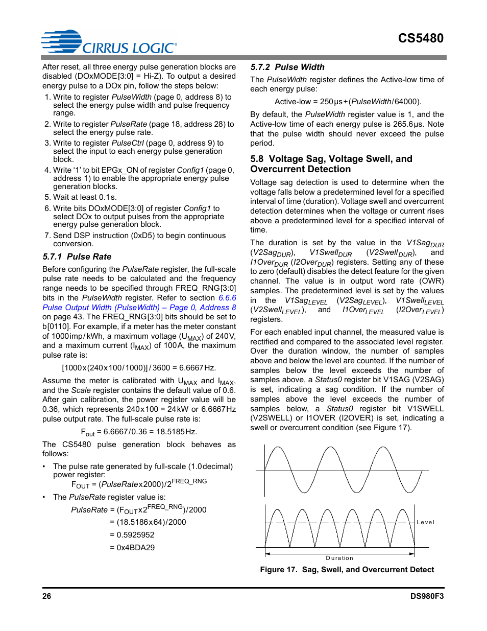 1 pulse rate, 2 pulse width, Figure 17. sag, swell, and overcurrent detect | Cs5480 | Cirrus Logic CS5480 User Manual | Page 26 / 70