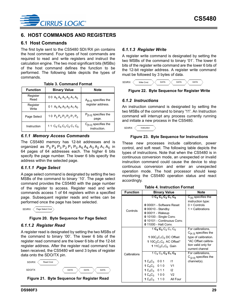 Host commands and registers, 1 host commands, 1 memory access commands | 2 register read, 3 register write, 2 instructions, 1 host, Commands, Cs5480, 1 page select | Cirrus Logic CS5480 User Manual | Page 29 / 70