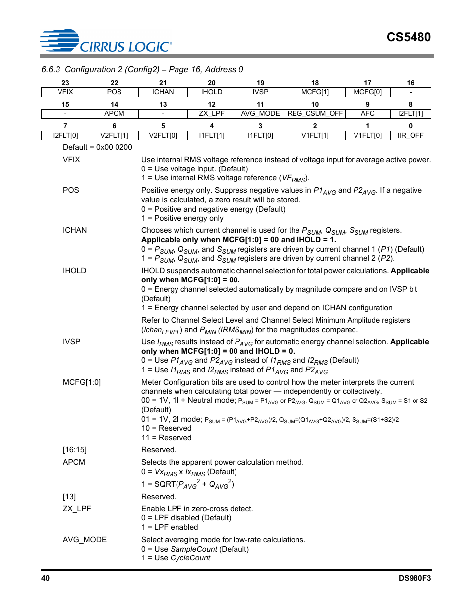 Address 0, Cs5480, 3 configuration 2 (config2) | Page 16, address 0 | Cirrus Logic CS5480 User Manual | Page 40 / 70