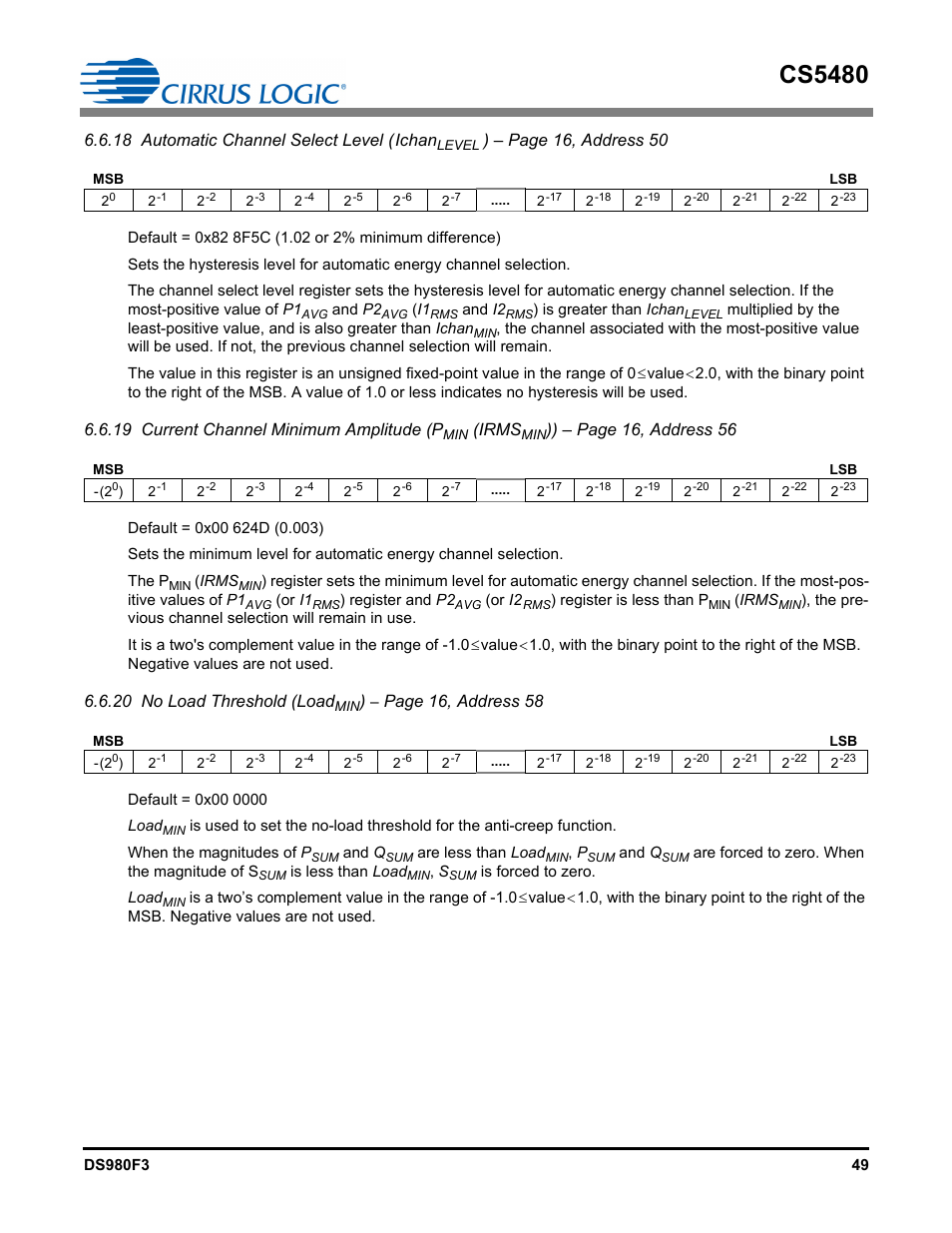 Cs5480, 18 automatic channel select level (ichan, Page 16, address 50 | 19 current channel minimum amplitude (p, Irms, Page 16, address 56, 20 no load threshold (load, Page 16, address 58 | Cirrus Logic CS5480 User Manual | Page 49 / 70