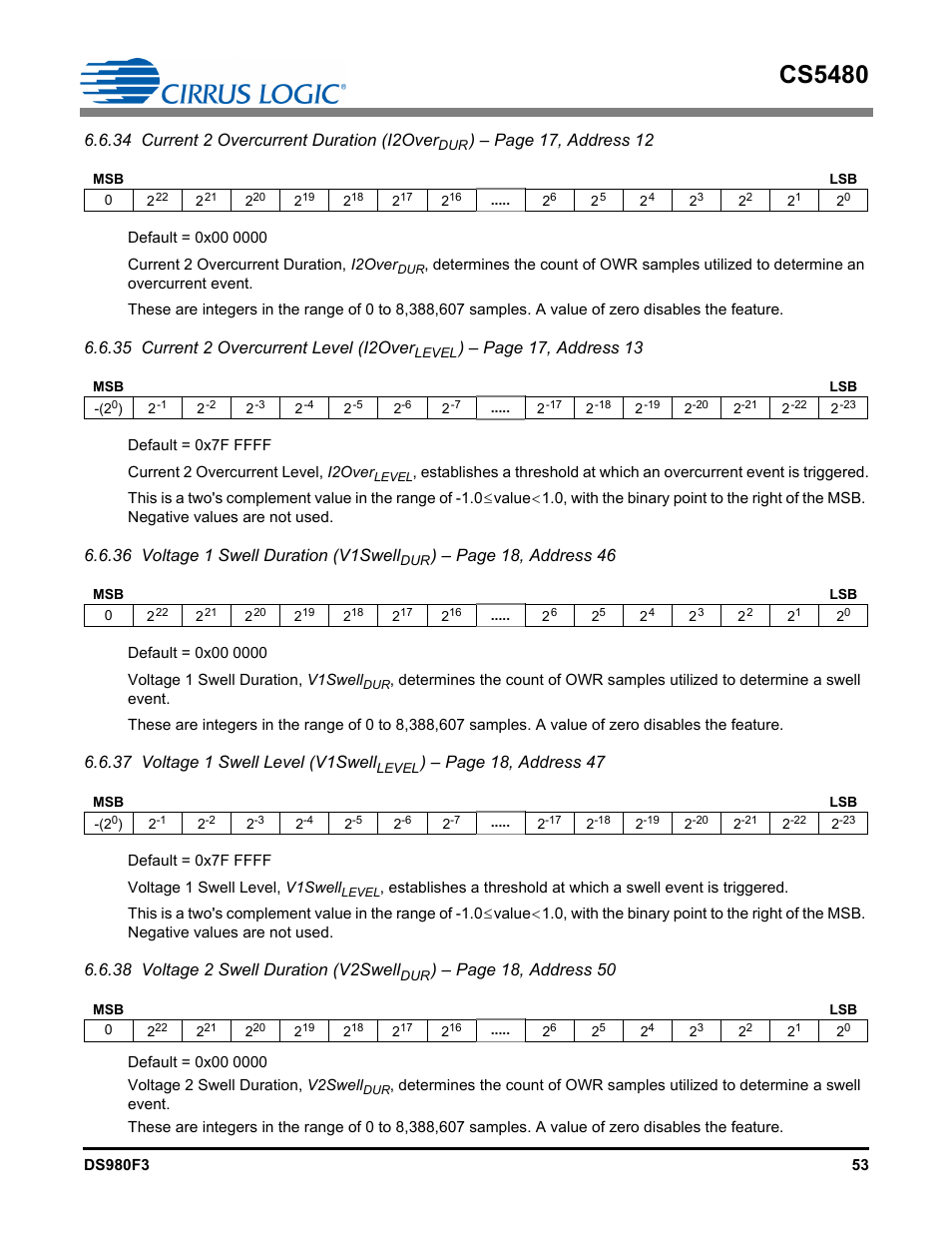 Cs5480, 34 current 2 overcurrent duration (i2over, Page 17, address 12 | 35 current 2 overcurrent level (i2over, Page 17, address 13, 36 voltage 1 swell duration (v1swell, Page 18, address 46, 37 voltage 1 swell level (v1swell, Page 18, address 47, 38 voltage 2 swell duration (v2swell | Cirrus Logic CS5480 User Manual | Page 53 / 70