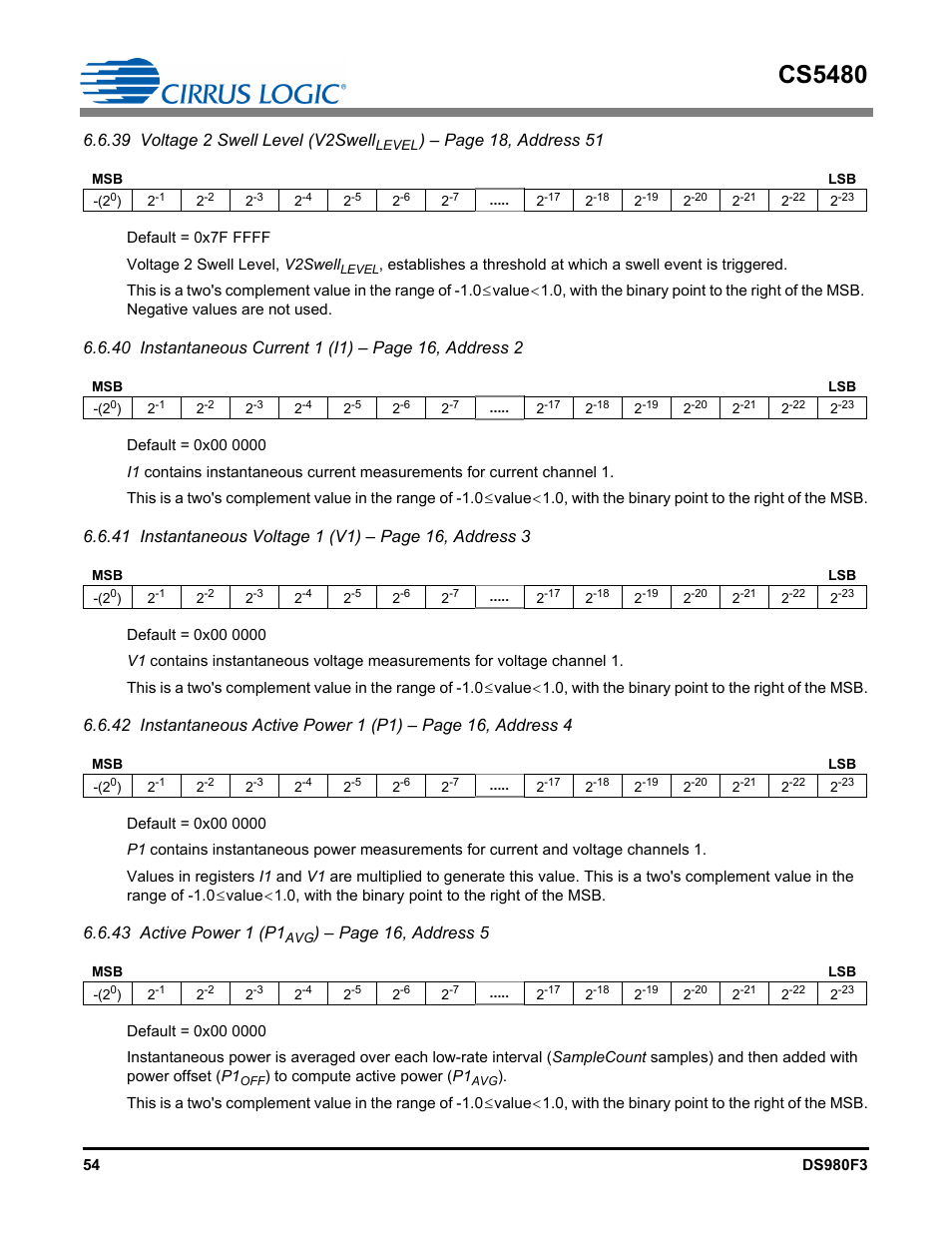 Cs5480, 39 voltage 2 swell level (v2swell, Page 18, address 51 | 43 active power 1 (p1, Page 16, address 5 | Cirrus Logic CS5480 User Manual | Page 54 / 70