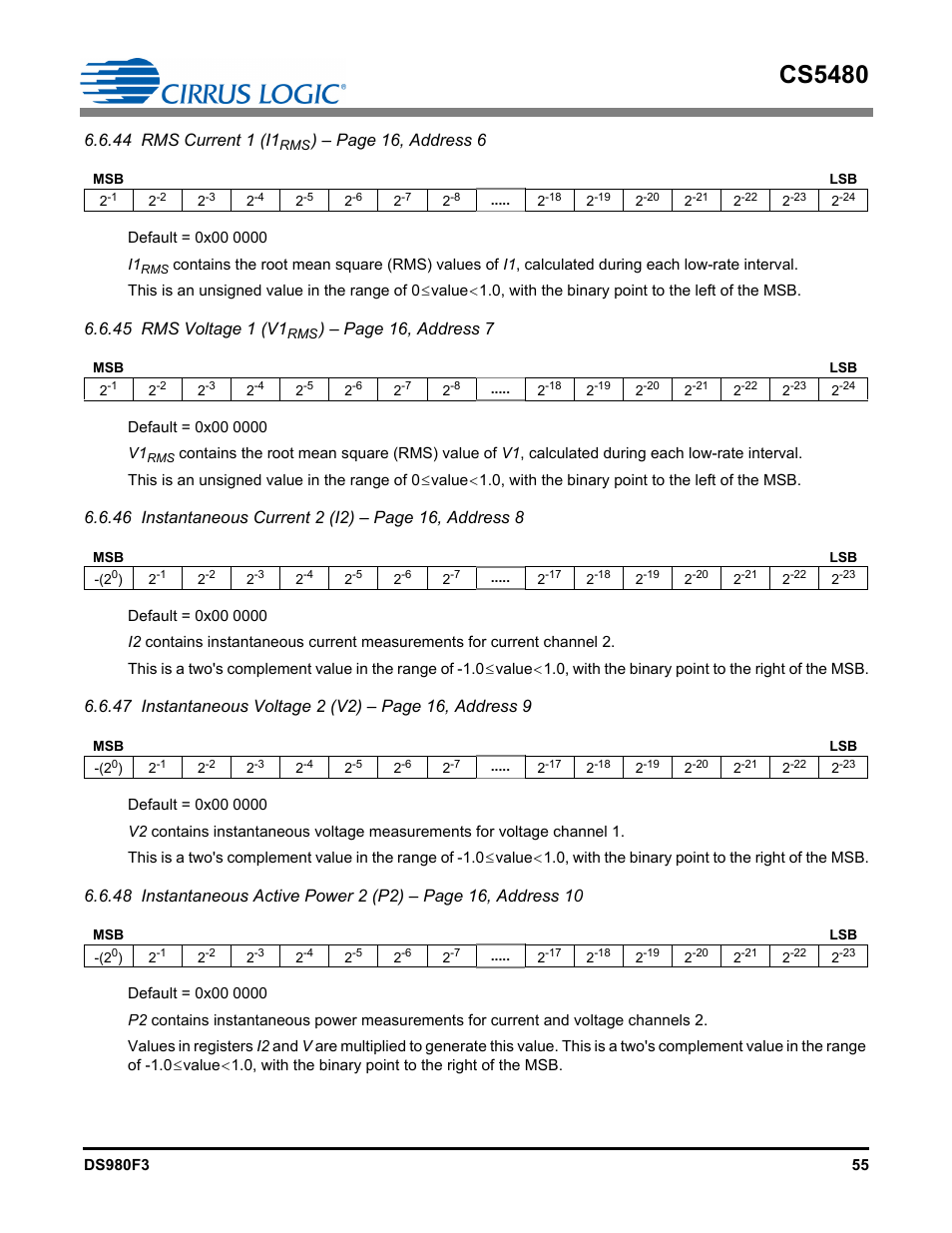 Cs5480, 44 rms current 1 (i1, Page 16, address 6 | 45 rms voltage 1 (v1, Page 16, address 7 | Cirrus Logic CS5480 User Manual | Page 55 / 70