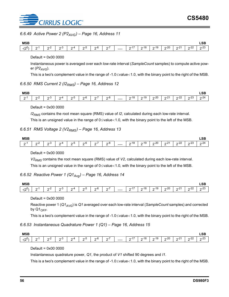 Cs5480, 49 active power 2 (p2, Page 16, address 11 | 50 rms current 2 (i2, Page 16, address 12, 51 rms voltage 2 (v2, Page 16, address 13, 52 reactive power 1 (q1, Page 16, address 14 | Cirrus Logic CS5480 User Manual | Page 56 / 70